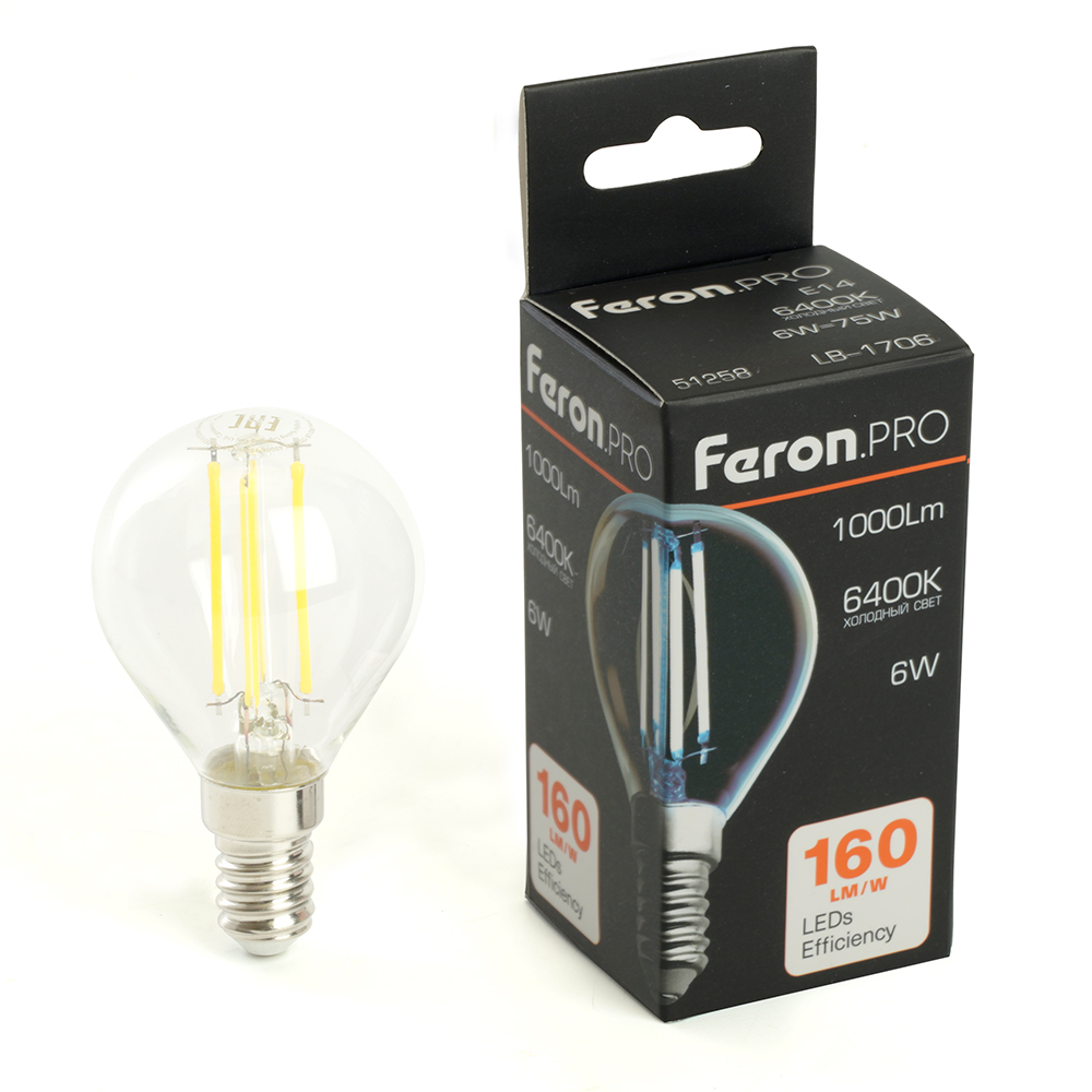 Лампа светодиодная LED 6вт Е14 дневной шар FILAMENT .PRO