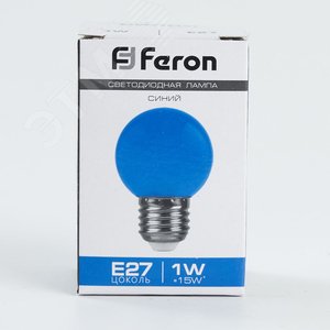 Лампа светодиодная LED 1вт Е27 синий (шар) LB-37 FERON - 4