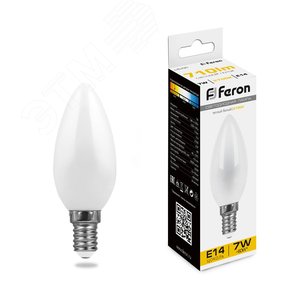 Лампа светодиодная LED 7вт Е14 теплый матовая свеча FILAMENT LB-66 FERON