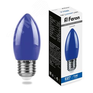 Лампа светодиодная LED 1вт Е27 синий свеча LB-376 FERON