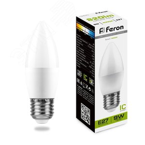 Лампа светодиодная LED 9вт Е27 белый матовая свеча LB-570 FERON