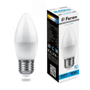 Лампа светодиодная LED 9вт Е27 дневной матовая свеча LB-570 FERON