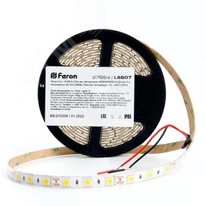 Лента светодиодная LEDх60/м 5м 14.4w/m 12в IP65 тепло-белый/на белом основании LS607 теп-бел. FERON - 2