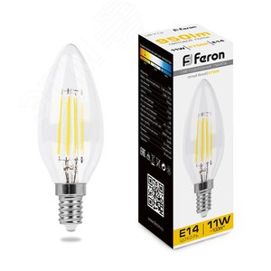 Лампа светодиодная LED 11вт Е14 теплый свеча FILAMENT LB-713 FERON