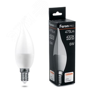 Лампа светодиодная LED 6вт Е14 белый матовая свеча на ветру Feron.PRO