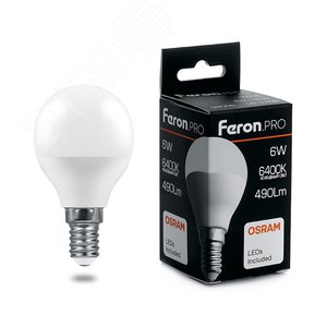 Лампа светодиодная LED 6вт Е14 дневной матовый шар Feron.PRO LB-1406 FERON