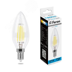 Лампа светодиодная LED 7вт Е14 дневной свеча FILAMENT LB-66 FERON