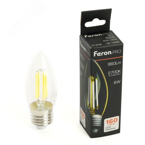 Лампа светодиодная LED 6вт Е27 теплый свеча FILAMENT .PRO - фото 1