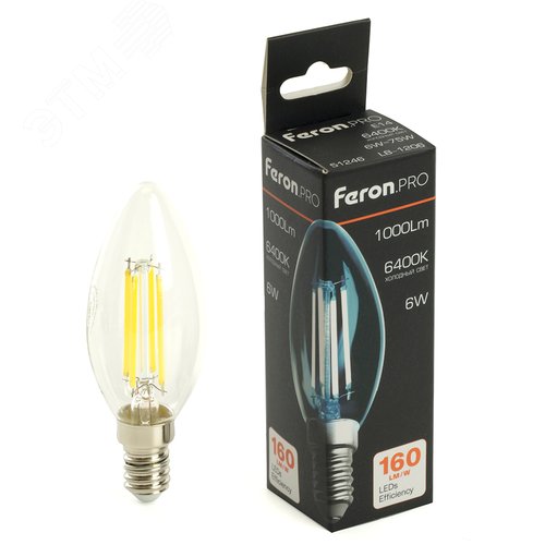 Изображение товара Лампа светодиодная LED 6вт Е14 дневной свеча FILAMENT Feron.PRO (шт)